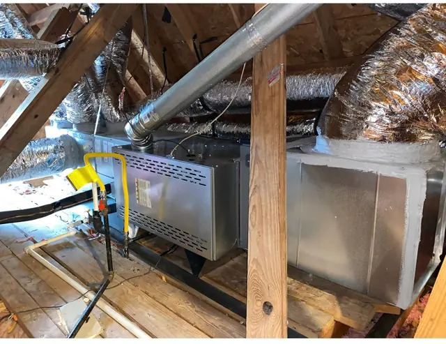 Attic air handler with new plenum and flex ductwork